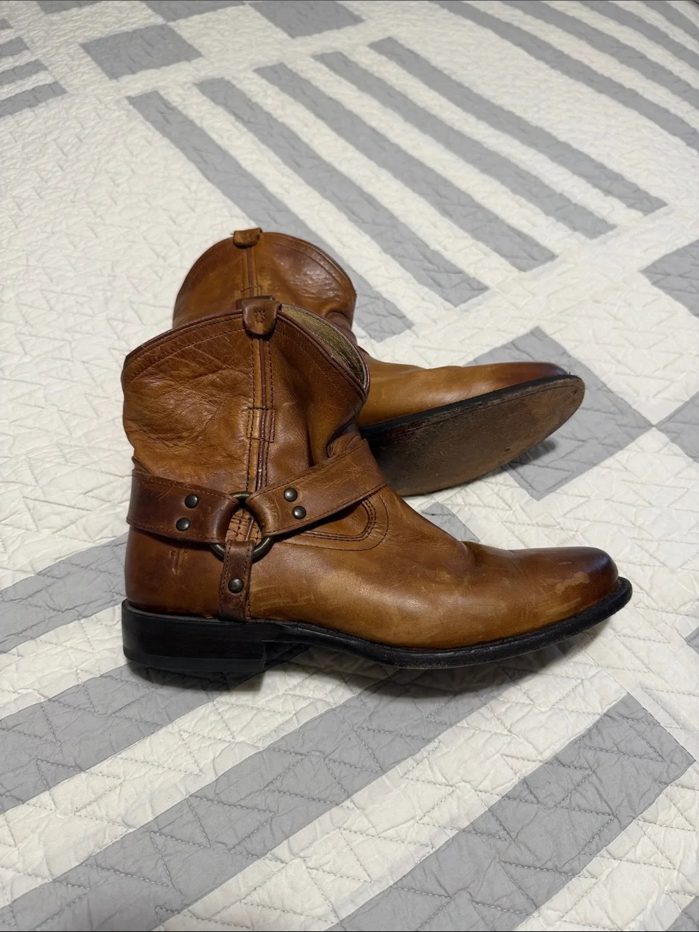 Frye Cognac Brown Harness Ankle Boots